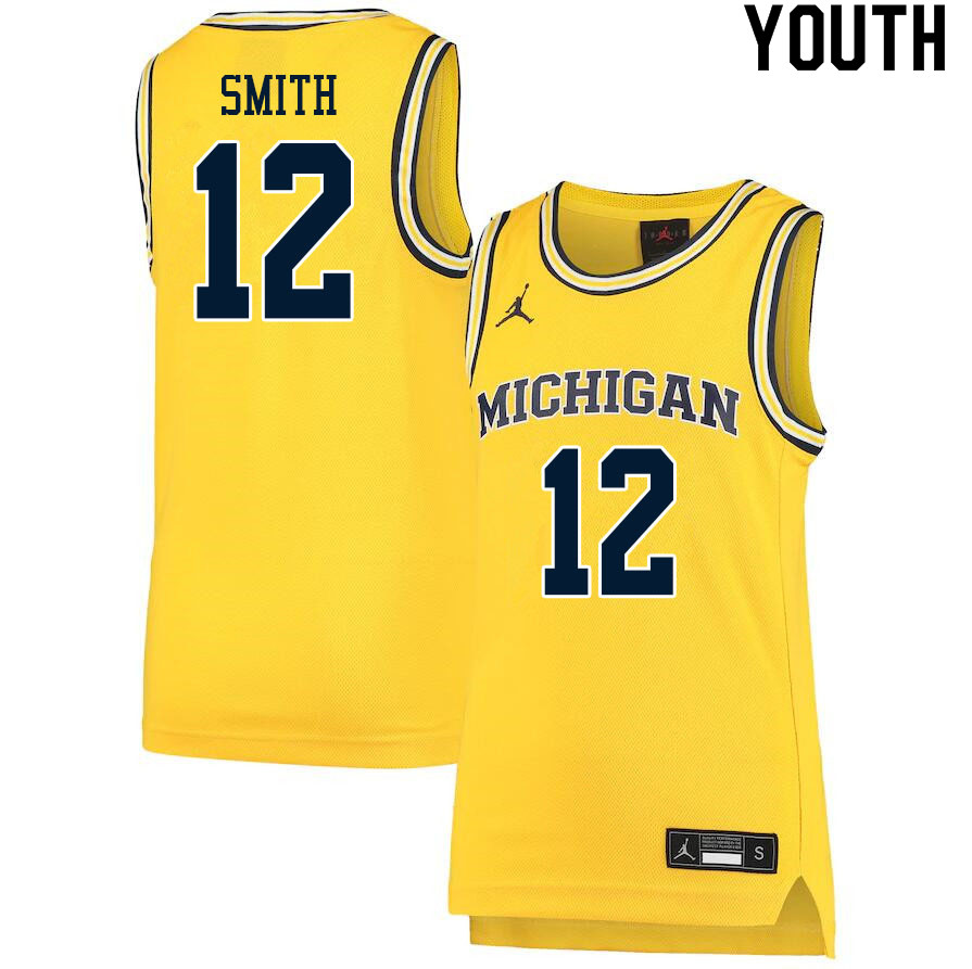 Youth #12 Mike Smith Michigan Wolverines College Basketball Jerseys Sale-Yellow